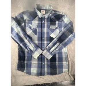 Levi's Pearl Snap Shirt Mens Size XL Blue Western Cowboy Casual Plaid Pockets